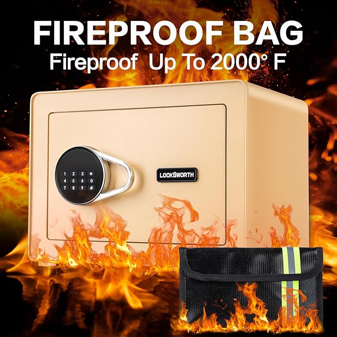 Safe for Home, Small Safe with Fireproof Bag, Removable Shelf, 1.0 Cubic Feet Digital Electronic Security Money Box for Cash, Document, Home, Office, Hotel Use, Champagne Gold，9.84"Dx 13.78"W x 9.84"H