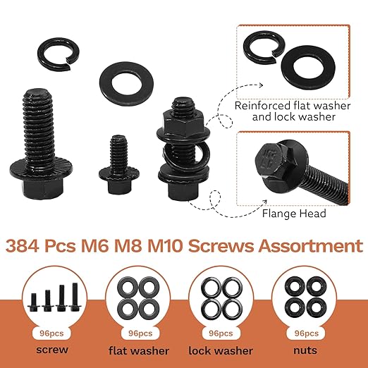 384 Pcs Metric Flange Bolt Assortment Kits, M6x1.0, M8x1.25, M10x1.5 Bolts(12mm to 30mm) Grade 10.9 Alloy Steel Metric Machine Screws Nuts and Bolts Kit