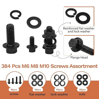 384 Pcs Metric Flange Bolt Assortment Kits, M6x1.0, M8x1.25, M10x1.5 Bolts(12mm to 30mm) Grade 10.9 Alloy Steel Metric Machine Screws Nuts and Bolts Kit