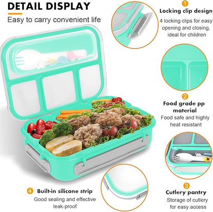 Bento Box, 1300ML Adult & Kids Lunch Box with 4 Compartment & Food Picks, Cake Cups, Leak-Proof, Microwave/Dishwasher/Freezer Safe (Green)