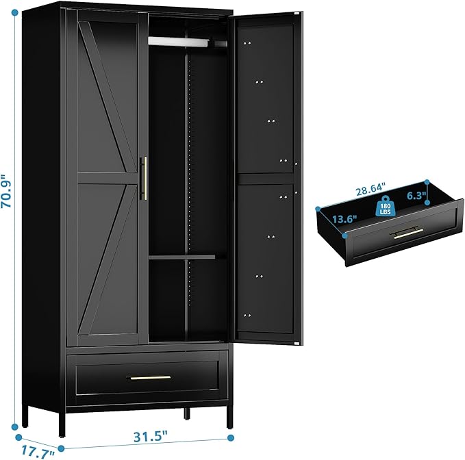 Aobabo Metal Wardrobe Cabinet with 1 Drawer, 71" H Metal Wardrobe Closet with 1 Adjustable Shelf and Hanging Rod for Home, Laundry Room, Bedroom, Black,Installation Required,