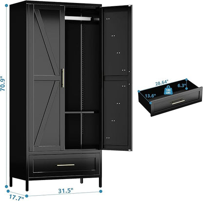 Aobabo Metal Wardrobe Cabinet with 1 Drawer, 71" H Metal Wardrobe Closet with 1 Adjustable Shelf and Hanging Rod for Home, Laundry Room, Bedroom, Black,Installation Required,