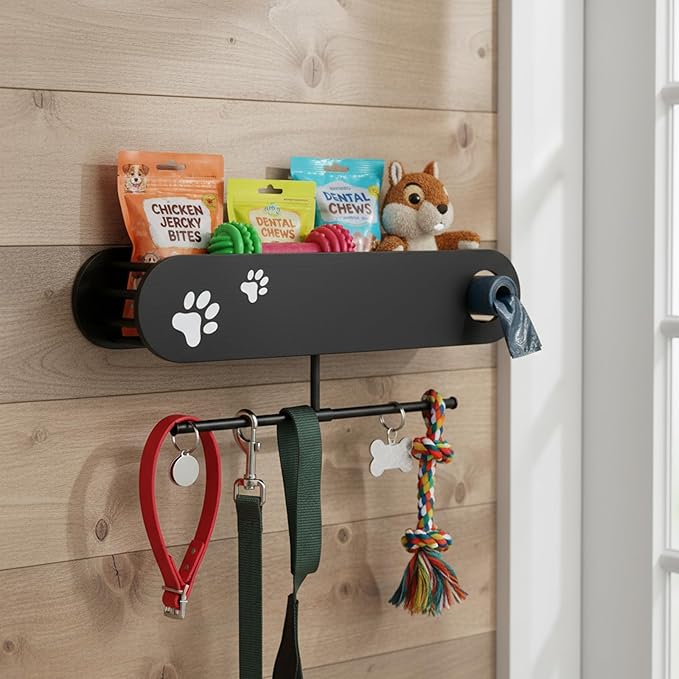 Geyecete Dog Leash Holder for Wall Dogs Hooks for Wall Pet Stuff Organizer with Shelf Storage, Key Holder, Hangers Organizer Rack for Dog Leashes etc