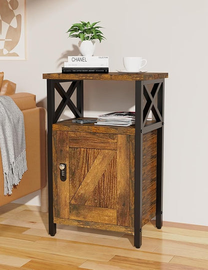 Night Stand with Locking Drawer, Bedside Table with Drawers, Wooden Bed Side Table with Storage Cabinet, Nightstand with Door, End Night Table for Bedroom, Dorm, Office, Rustic Brown
