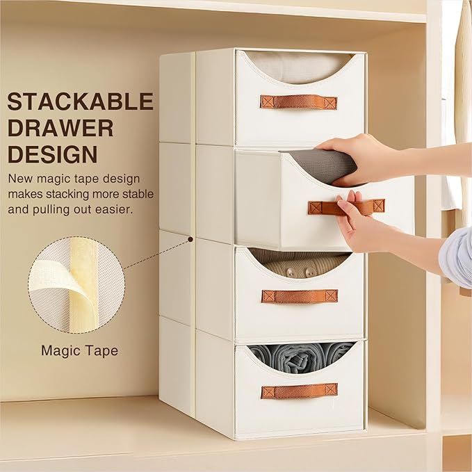 Stackable Storage Drawers - Collapsible Storage Bins with Drawers, 6 Pack Closet Shelf Organizer Basket, Fabric Pull Out Organizer for Bedroom, Living Room, Dorm, Beige
