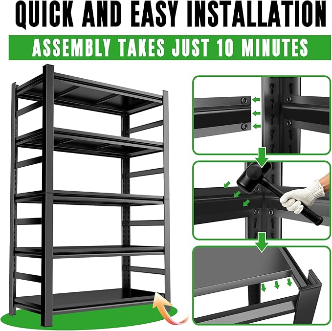 Metal Garage Shelving Unit,Heavy Duty 5-Tier Adjustable Storage Shelves,3000 lbs Capacity,Industrial Shelves for Heavy Tools and Equipment,for Garage,Basement (Black, 39.4" Wx13.8 Dx71 H)