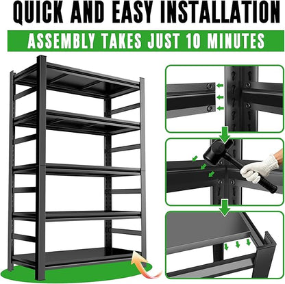 Metal Garage Shelving Unit,Heavy Duty 5-Tier Adjustable Storage Shelves,3000 lbs Capacity,Industrial Shelves for Heavy Tools and Equipment,for Garage,Basement (Black, 39.4" Wx13.8 Dx71 H)