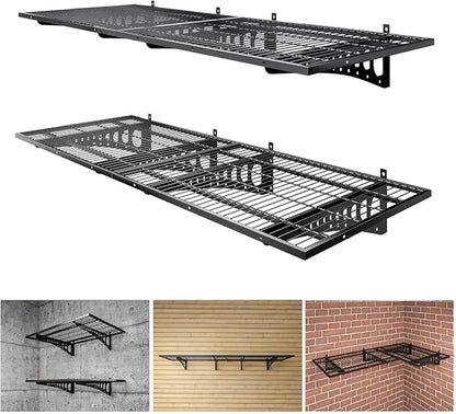 4-Pack 2×3ft(24×36 inch) Garage Wall Shelving, 1000 lbs Load Capacity, Garage Wall Mounted Shelves, Heavy Duty Shelf with Hooks, Black