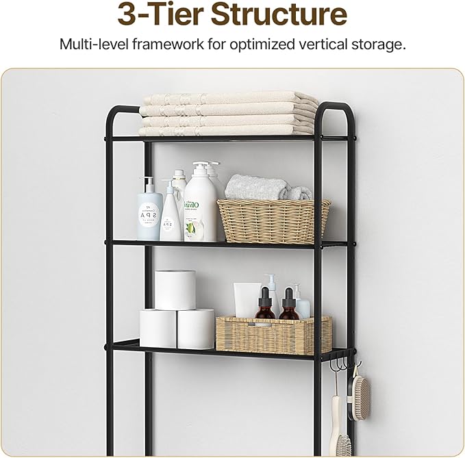 3 Tier Over The Toilet Storage Rack, Bathroom Organizer Shelf Over Toilet with 4 Hook, Space Save Freestanding Metal Bathroom Shelves