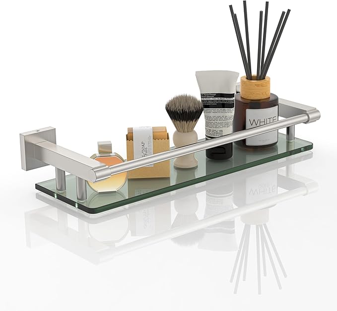 Glass Shelves for Bathroom, 16IN Brushed Nickel Bathroom Shelves for Wall Rectangular Stainless Steel Tempered Glass Modern use for Shelf Sink Over Toilet