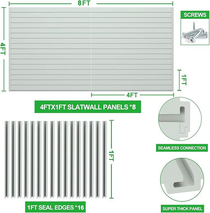 RELIANCER PVC Slat Wall Panels,4ft by 8ft (32 sqft) Garage Wall Organizer Storage System,Interlocking Slatwall Paneling Sheets,Workshop Slatwall Shelves Tools Organization,Wall Mounted Storage Rack