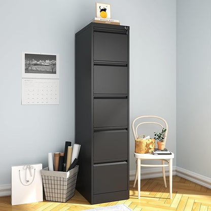 5 Drawer File Cabinet, Vertical File Cabinets with Lock for Home Office,Heavy Duty Office Steel Filing Cabinet for Hanging Letters/Legal/A4, Assembly Required (Black)