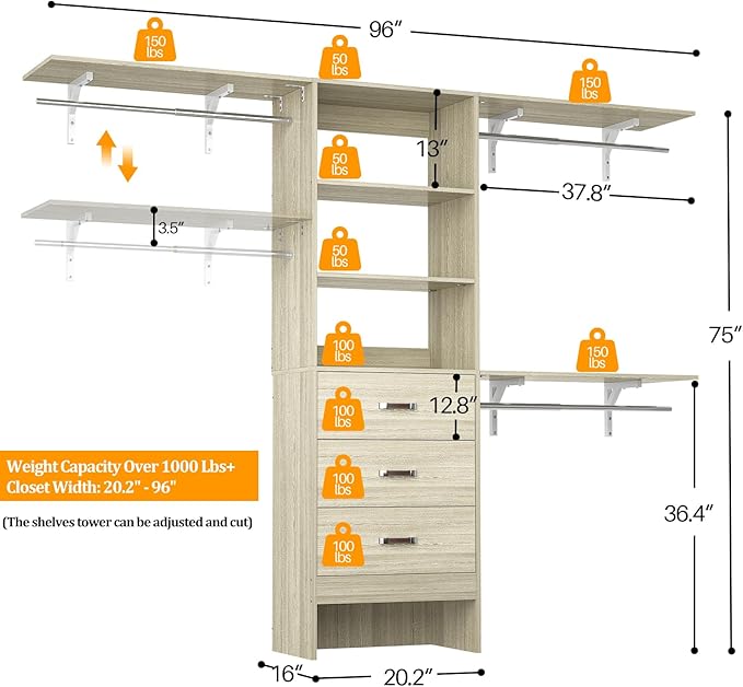 Closet System with 3 Drawers - 8FT Wood Closet Organizer with 3 Shelving Tower & Hanging Rods, 96" Walk-in Wardrobe Closet Organizer System for 4-8FT Spaces, Heavy Duty Garment Clothes Rack, White Oak