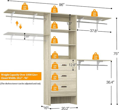 Closet System with 3 Drawers - 8FT Wood Closet Organizer with 3 Shelving Tower & Hanging Rods, 96" Walk-in Wardrobe Closet Organizer System for 4-8FT Spaces, Heavy Duty Garment Clothes Rack, White Oak