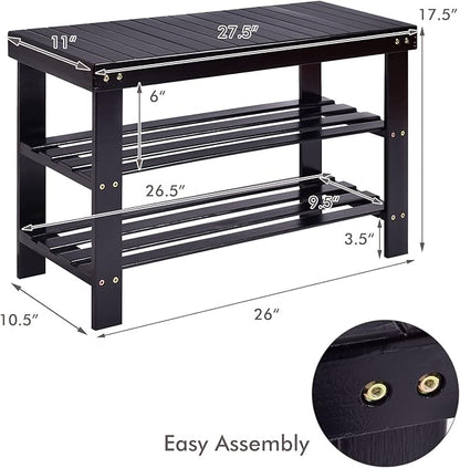 COSTWAY 3-Tier Shoe Rack Bench, Free Standing Wood Entryway Shoe Storage Organizer, Bamboo Storage Shelf for Shoes,Ideal for Home Entryway, Hallway
