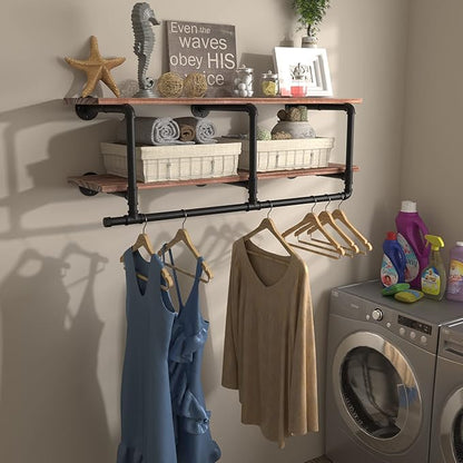Industrial Pipe Clothing Rack with Top Shelf, Space-Saving Wall Mounted Clothes Rack 2 Tiers, Shelf with Hanging Rod for Closet Storage, Laundry Room. (2Tier, Brown)