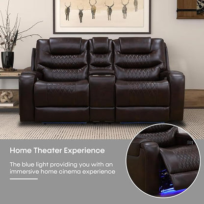 Power Recliner Sofa Set with LED Lights,Leather Reclining Sofa with Charge Port/Drop-Down Table/Storage Console/Cup Holder for Living Room/Office/Home Theater(3 Piece Set,Dark Brown)