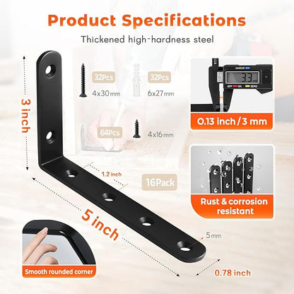 WINKER Corner Brace 16Pcs Shelf Bracket Heavy Duty Black Steel L Corner Brace, Decorative Joint Angle Bracket for Shelf 5 InchX3 Inch Shelves Wall Hanging Bracket with Screws5 InchX3 Inch(16PCS))
