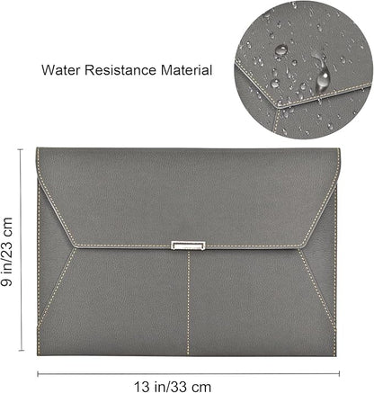 VANRA File Folder Document Holder Organizer Waterproof Portfolio Leather Folder Case with 3 Pockets, Filing Envelopes for A4 Letter Size Paper with Snap Magnetic Button Closure (Gray)