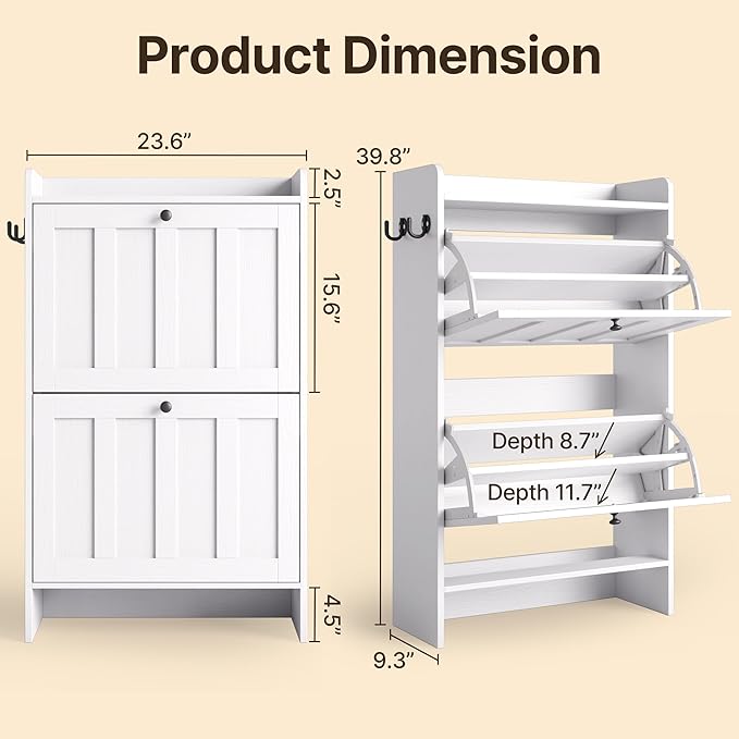 Gizoon Shoe Cabinet with 2 Flip Drawers, Slim Shoe Storage Cabinet for Entryway, Freestanding Narrow Rack with Open Storage, for Hallway, White