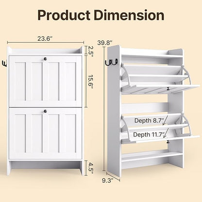 Gizoon Shoe Cabinet with 2 Flip Drawers, Slim Shoe Storage Cabinet for Entryway, Freestanding Narrow Rack with Open Storage, for Hallway, White