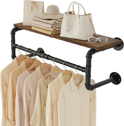 Yawinhe Industrial Pipe Clothes Rack with Top Shelf, Wall Mounted, Space Saving Hanger with 4 Bases, for Shops, Homes, 27.5''Lx10.2''Wx10.2''H, Rustic Brown, 1-Pack