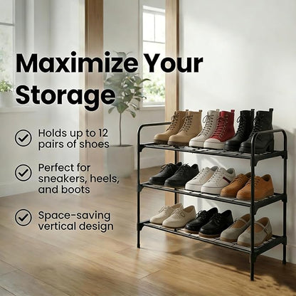 3-Tier Shoe Rack Organlzer, Rustproof lron, Spaclous Shoe Storage Shelf for Closet or Entryway, Fits Sneakers & Slippers, Black