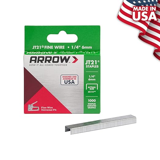 Arrow 214 JT21 Thin Wire Staples for Staple Guns and Staplers, Use for Upholstery, Crafts, General Repairs, 1/4-Inch Leg Length, 7/16-Inch Crown Width, 1000-Pack, Grey
