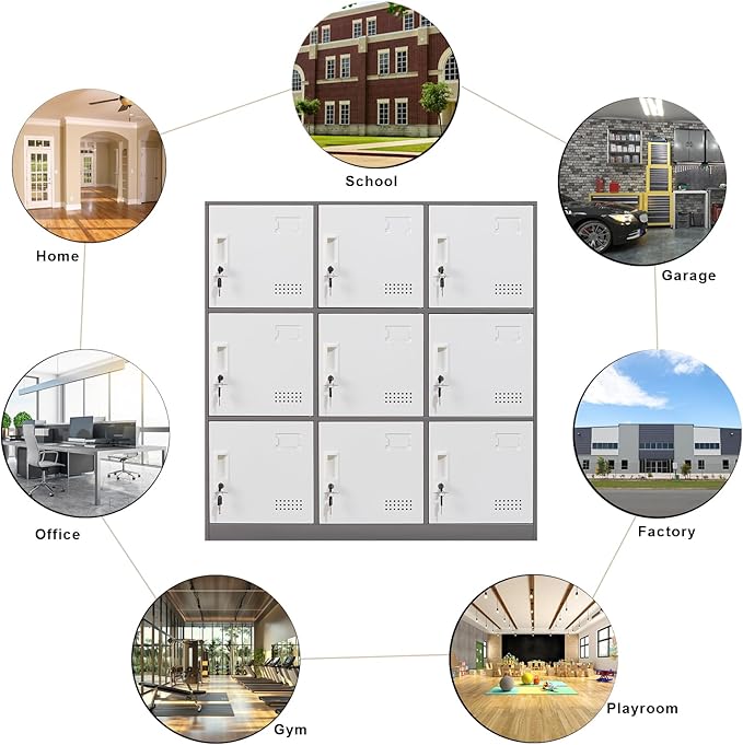 Student Locker Organizer, Multi-Door Steel Locker, Small Locking Cabinet Storage Organizer, Office File Cabinet, Home Locker, Gym Locker, Metal Storage Locker (9 Door, Grey & White)