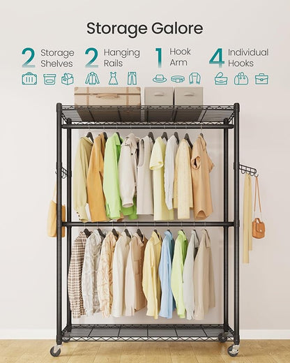 SONGMICS Heavy-Duty Rolling Clothes Rack, Garment Rack, Portable Closet on Wheels, with Adjustable Mesh Shelves and Hanging Rails, Hooks, 15.8 x 43.3 x 78.3 Inches, Ink Black ULGR417BH01
