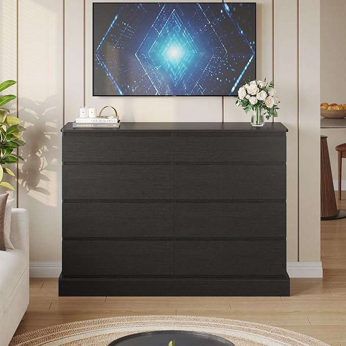DICTAC 8 Drawers Dresser for Bedroom, Black Large Chest of Drawers, Long Modern Double Dressers, Big Clothing Storage Organizer Closet with Ample Space, 51.6''L x 15.7''D x 37.7''H