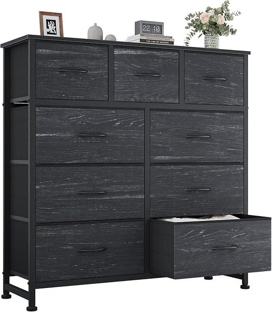OLIXIS 9 Drawer Storage Dresser with Wood Top - Wide Fabric Chest Organizer for Bedroom, Closet, Living Room,Tower Cabinet, TV Stand, Hallway Entryway Furniture,Black Wood Grain