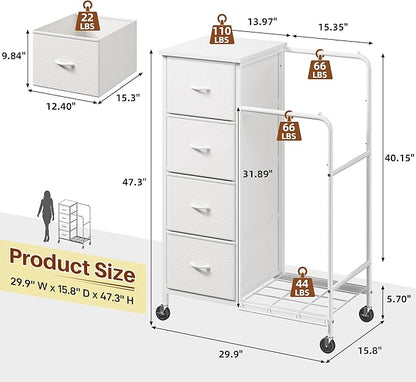 47.3" H Dresser with Hanging Rack, 4 Fabric Drawers with Double Clothes Rack & Wheels, Tall Closet Organizer Dresser for Bedroom, Entryway, White, 15.8" D x 29.9" W x 47.3" H