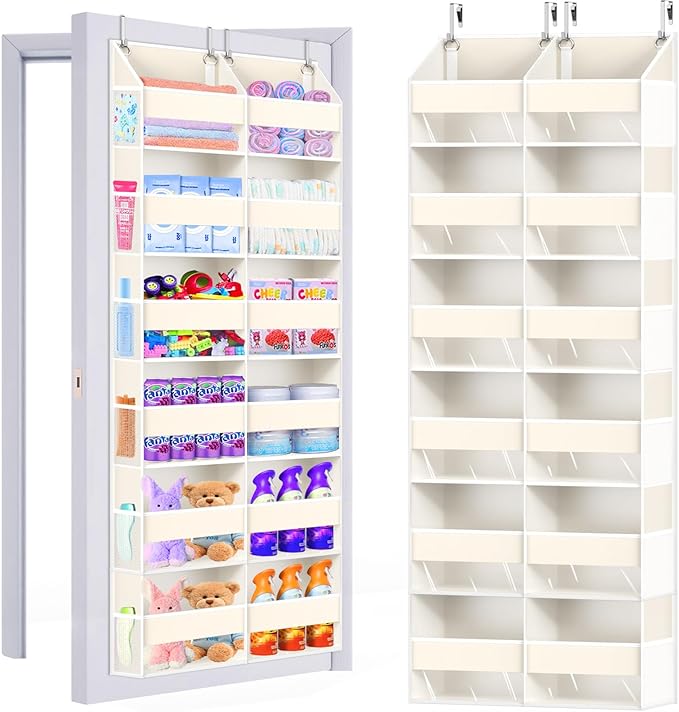 Heavy Duty Over The Door Organizer 6 Tiers, Extra Large Behind Door Storage of 12 Big Front & 12 Mesh Pockets, 80lb Weight Capacity, Hanging Doors Storage Organizer for Closet Bedroom Nursery, Beige