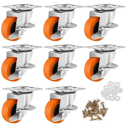 Caster Wheels, 2.5 Inch Casters Set of 8, Heavy Duty Casters with Brake, Locking Castors with Polyurethane Wheel，Small Plate Swivel Caster Wheels for Furniture Carts,Workbench,Pack of 8