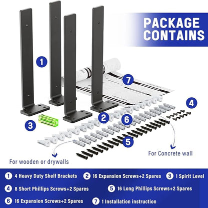 Goovilla Shelf Bracket, Heavy Duty Floating Shelf Brackets 12 inch Long, 4 Pack Brackets for Shelves, Black Coated Metal Wall Shelf Support Brackets with 1/5 Inch Thick and 160 lb. Load Capacity