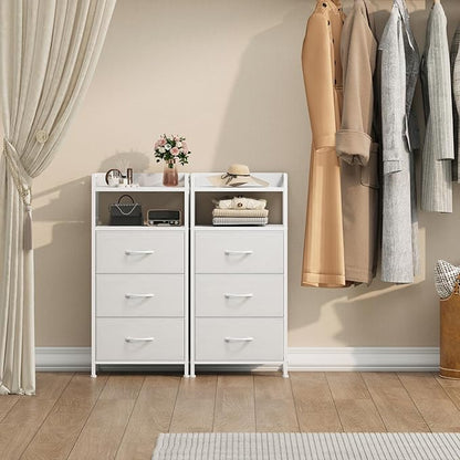 Somdot Nightstand with 3 Drawers, Dresser with Fabric Bins for Bedroom, Hallway, Entryway, Nightstand Bedside Table Furniture, Sturdy Steel Frame, Wooden Top, Easy Pull Fabric Bins, White Leather