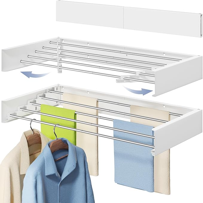 Wall Mounted Foldable Clothes Drying Rack, 31.5-Inch Wide, 5 Stainless Steel Rods, Space-Saving Laundry Drying Rack with Wall Template, White