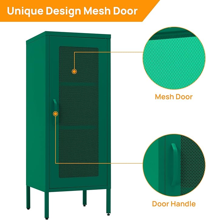Slim Metal Storage Cabinet with Mesh Doors - 42'' Tall Narrow Organizer Tower, Compact Freestanding Cabinet, Versatile Utility Storage for Home, Office, Bedroom, or Kitchen, Durable and Modern Design