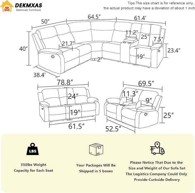 Reclining Sofa Couches, Living Room Furniture Sets, Dark Grey Corduroy Recliner Sectional Sofa Set with Drop-Down Table, with 5 Recliner Seats, Cup Holder,Storage Console for Living Room