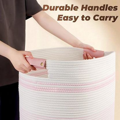 Laundry Basket with Handles - Blanket Basket & Hampers for Bedroom Aesthetic, Laundry Hamper & Blanket Storage for Living Room, Clothes Hamper, Tall, Large 17" x 14" x 22”, Pink & White