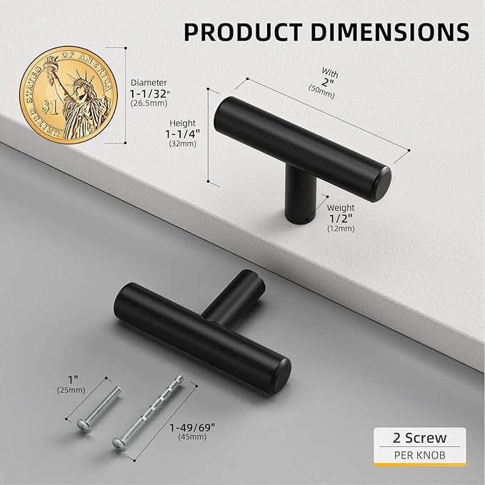 Goldenwarm 10 Pack Black Cabinet Knobs Matte Black Drawer Knobs Single Hole Cabinet Pulls Handles Door Cupboards Drawers Bedroom Furniture Handles 50mm/2in Overall Length