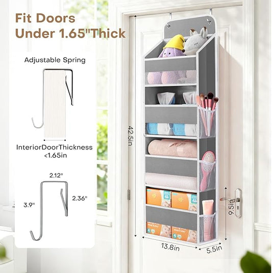 SpaceWhisper Over the Door Organizer, 4 Large Pocket Hanging Storage Organizer with 40lb Capacity, Space Saving for Nursery, Bathroom, Bedroom, Closet - Baby Essentials & Toiletry Organizer (Grey)