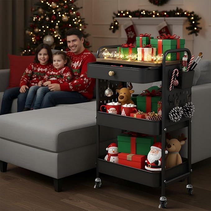 danpinera 3-Tier Rolling Cart, Metal Rolling Storage Cart with Wooden Table Top & DIY Pegboards, Storage Cart with Wheels, Hooks & Hanging Cups, Storage Organizer Cart Craft Art Cart, Black
