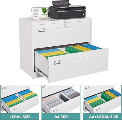 MIIIKO 2 Drawer Lateral File Cabinet with Lock, White Filing Cabinet for Home Office, Two Drawer Metal File Cabinet for Hanging Files Folders Letter/Legal/F4/A4 Size