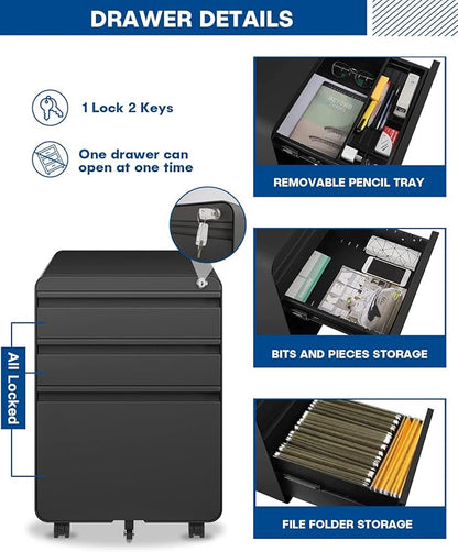 Dripex 3 Drawer File Cabinet, Metal Filing Cabinets with Lock Wheels for Letter/Legal/A4 File, Anti-tilt Under Desk Design, Lockable Rolling Mobile File Cabinet for Home Office (Black)