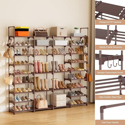 ROJASOP Large Shoe Rack Organizer for Entryway Closet 64-68 Pairs 9-Tier Heavy Duty Tall Garage Shoe Rack Shoe Shelf Shoes Storage with 18 Pcs Removable Side Hooks for Bedroom and Garage Brown