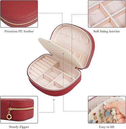 ProCase Travel Size Jewelry Box, Medium Portable Seashell-Shaped Jewelry Case, 2 Layer Jewelry Organizer in PU Leather for Women -Red