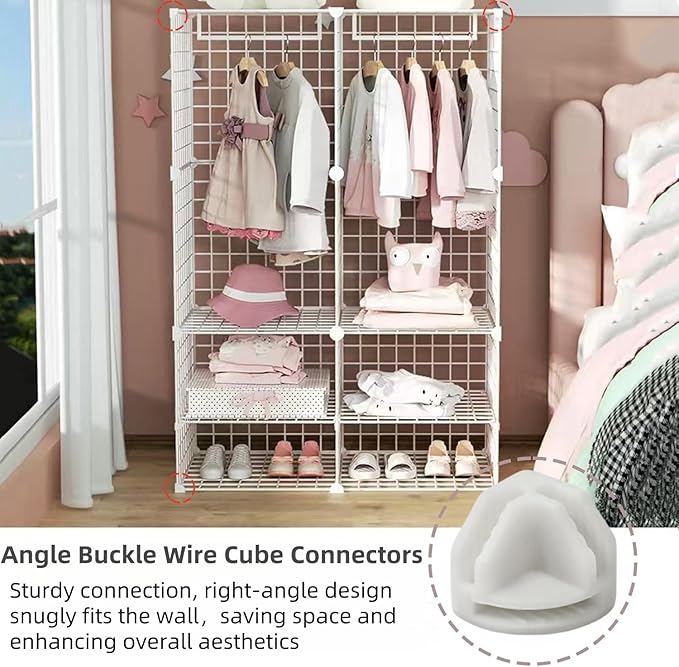 10Pcs Wire Cube Connectors, White Wire Cube Storage Connectors Corner Wire Grid Cube Shelf Plastic Connectors Clips for Wire Cube Storage Shelving Unit and Modular Closet Organizer, SATONBEYI