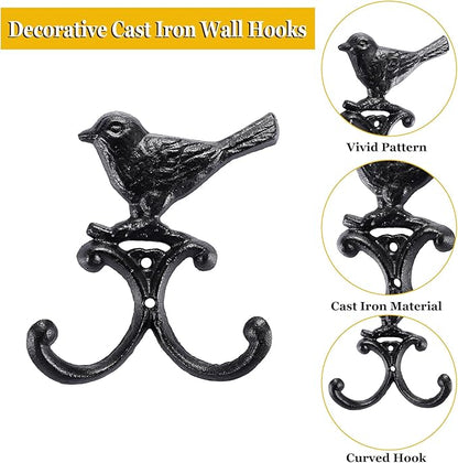 OwnMy Cast Iron Bird Coat Hooks Decorative Wall Hook, Vintage Dog Leash Holder Farmhouse Key Holder for Wall, Heavy Duty Indoor Outdoor Double Wall Hooks for Hanging Towels, Hats, Potted Plants, Tools